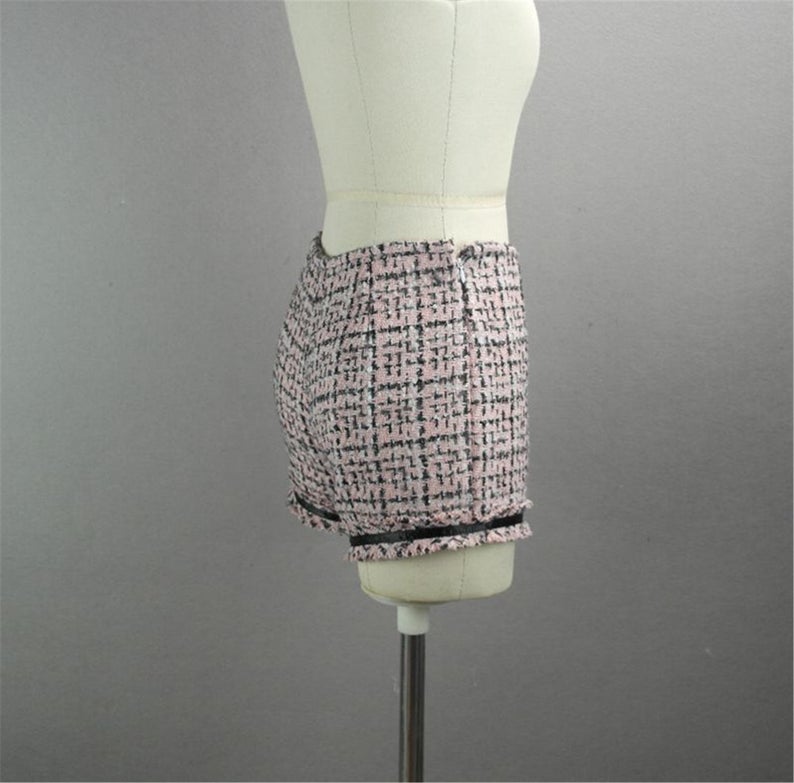 Women's Designer Inspired CUSTOM MADE Hand Made Checked Tweed Jacket Coat Blazer + Shorts Pink