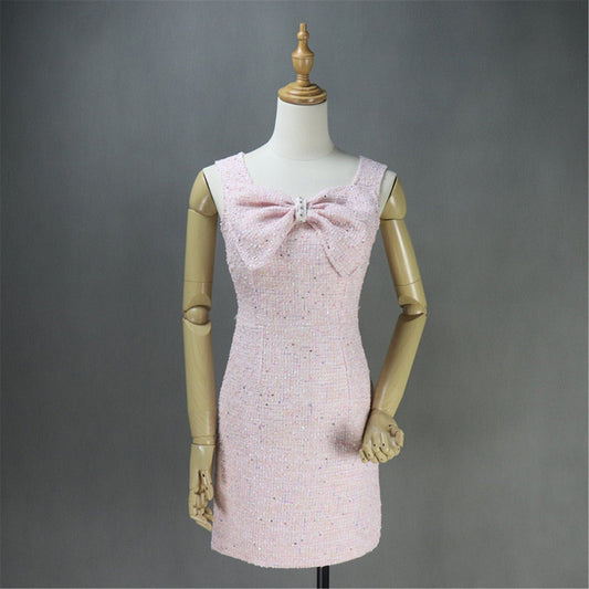 Custom Made Big Bow Decoration Tweed Dress Pink