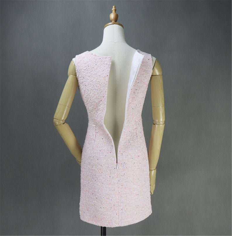 Women's Designer Inspired Custom Made Big Bow Decoration Tweed Dress Pink - Fashion Pioneer