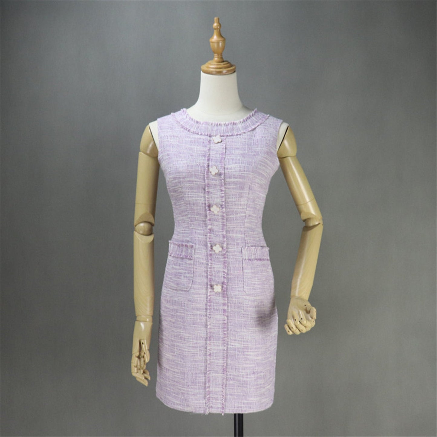 Women's Designer Inspired Custom Made Little Flower Buttons Tweed Dress Purple Sheath dress with tassel design round neck, front pocket, sleeveless and can match with any maroon colour woollen cardigan. Little flower design button look unique. Match with long hand bag and high heels. You can wear it for evening cinema, night out, party wear or casual wear.