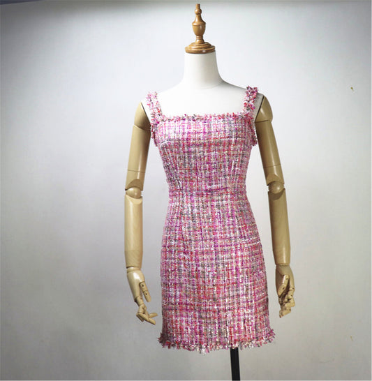 Custom Made Pink Multicolour Tweed Mini/ Midi/ Long Dress for Women - Fashion Pioneer