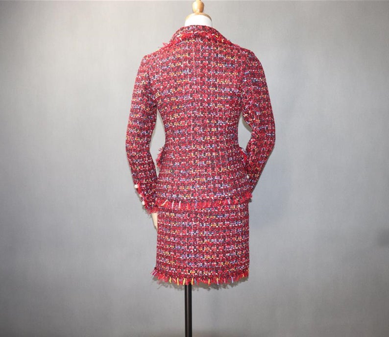 Hand Made Pearl Buttons Tweed Jacket Coat Blazer + Skirt Red