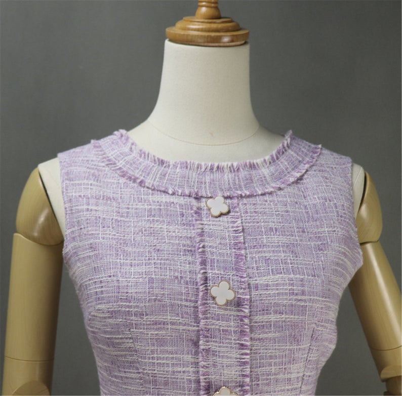 Women's Designer Inspired Custom Made Little Flower Buttons Tweed Dress Purple Sheath dress with tassel design round neck, front pocket, sleeveless and can match with any maroon colour woollen cardigan. Little flower design button look unique. Match with long hand bag and high heels. You can wear it for evening cinema, night out, party wear or casual wear.