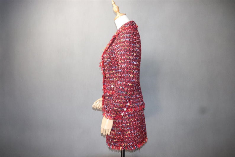 Hand Made Pearl Buttons Tweed Jacket Coat Blazer + Skirt Red