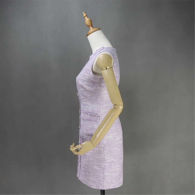 Women's Designer Inspired Custom Made Little Flower Buttons Tweed Dress Purple Sheath dress with tassel design round neck, front pocket, sleeveless and can match with any maroon colour woollen cardigan. Little flower design button look unique. Match with long hand bag and high heels. You can wear it for evening cinema, night out, party wear or casual wear.