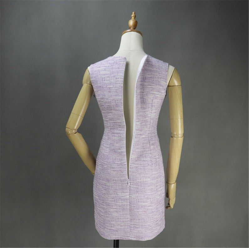 Women's Designer Inspired Custom Made Little Flower Buttons Tweed Dress Purple Sheath dress with tassel design round neck, front pocket, sleeveless and can match with any maroon colour woollen cardigan. Little flower design button look unique. Match with long hand bag and high heels. You can wear it for evening cinema, night out, party wear or casual wear.