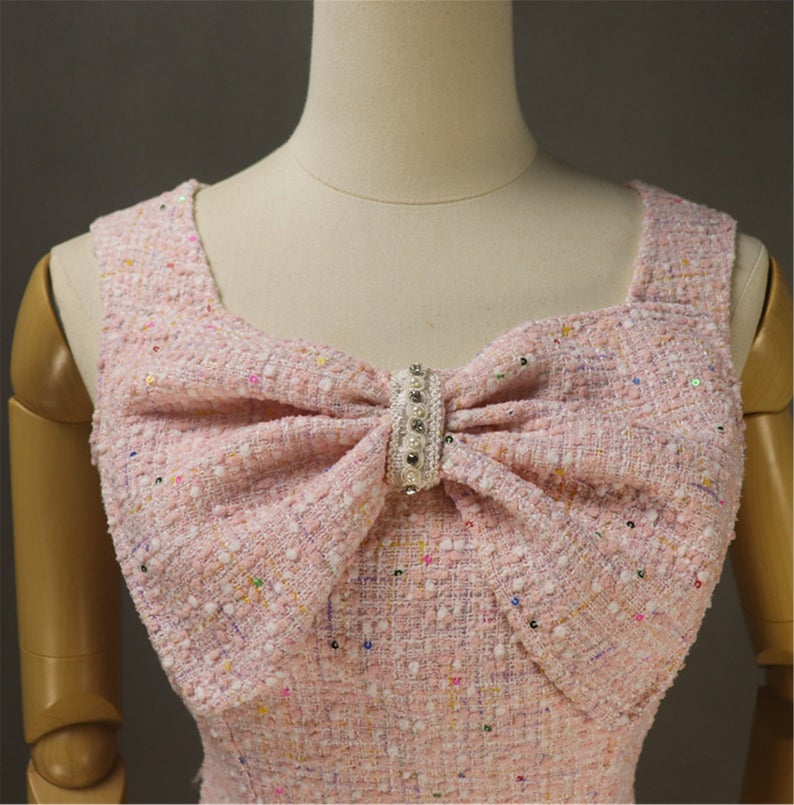 Custom Made Big Bow Decoration Tweed Dress Pink