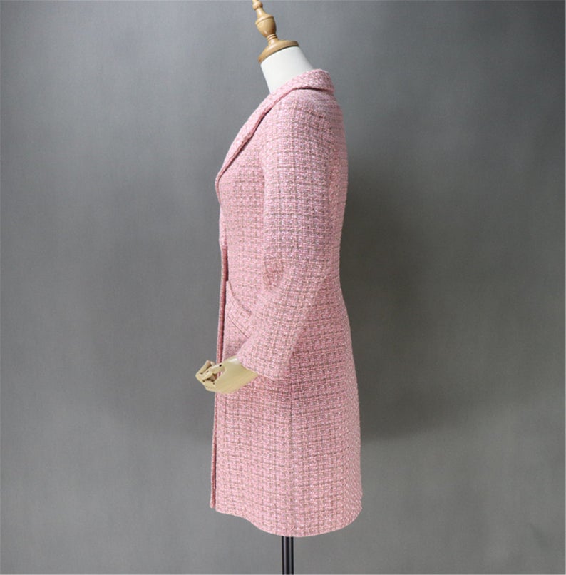 Pink Tweed Sheath Dress + Long Coat (20% discount) - This is tweed fabric, seasonal fabric, can wear all time. Back zip with long pink coat. Look gorgeous and feel comfort to wear. Can wear official use, Business use ,ceremony and inauguration. As per customer requirement, our tailor will made change in pink tweed fabric and coat.