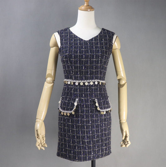 Womens Custom Made V neck Sequinned Sparkle Thread Checked Pattern Tweed Dress Navy Black - Fashion Pioneer
