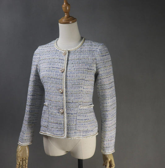 Tailor Made Parkle Threads Chain Trim Tweed Light Blue Jacket Coat Blazer - Fashion Pioneer