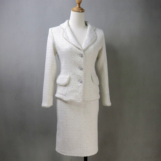 Spring 2025 Fashion: The Timeless Elegance of a Custom Tweed Cream White Jacket & Long Skirt Set Timeless Elegance of a Custom Tweed Cream White Jacket & Long Skirt Set