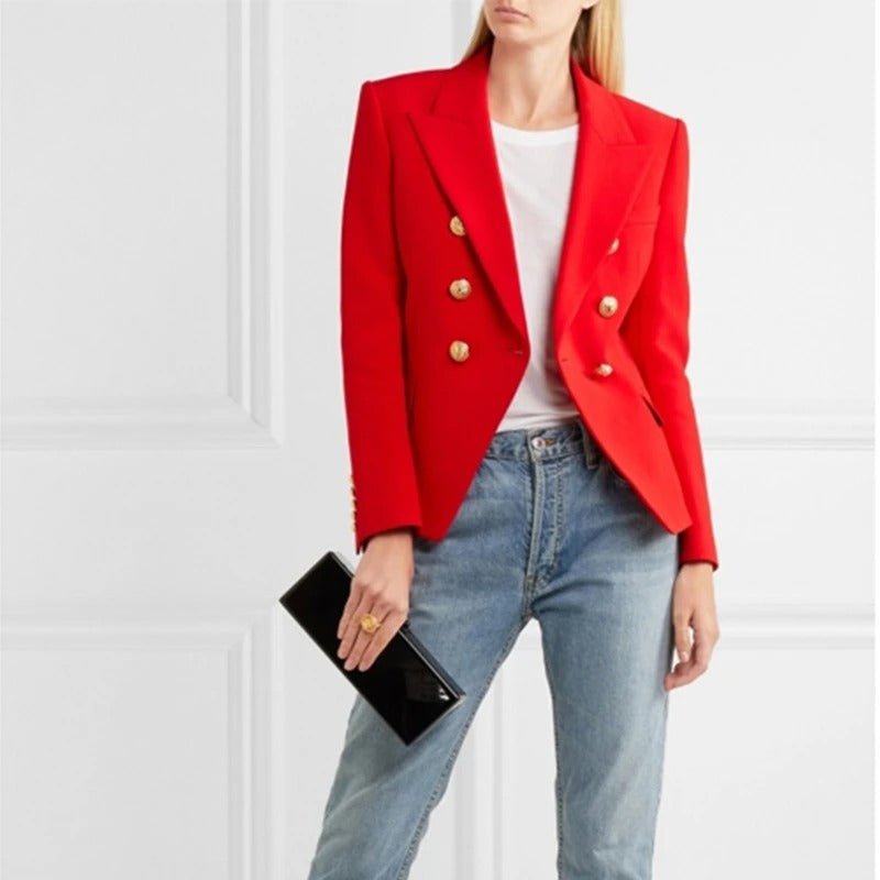The fitted jacket has a golden button frontage with single button closure. Slim fit and long sleeves. This women blazer has a beautiful double breasted . Perfect casual wear, outside shop and official use.
