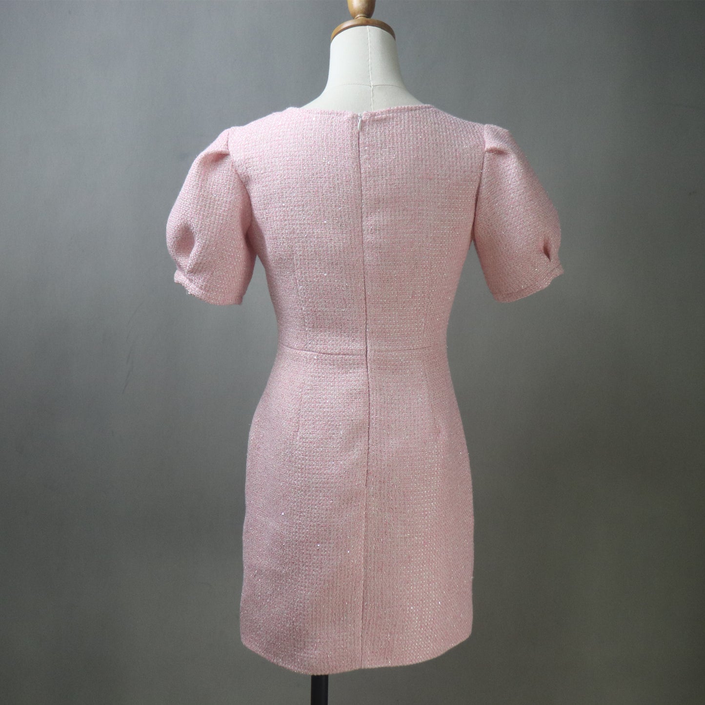 Custom Made Pink Tweed Dress with Puff Bubble Sleeves, Bows & Sequins