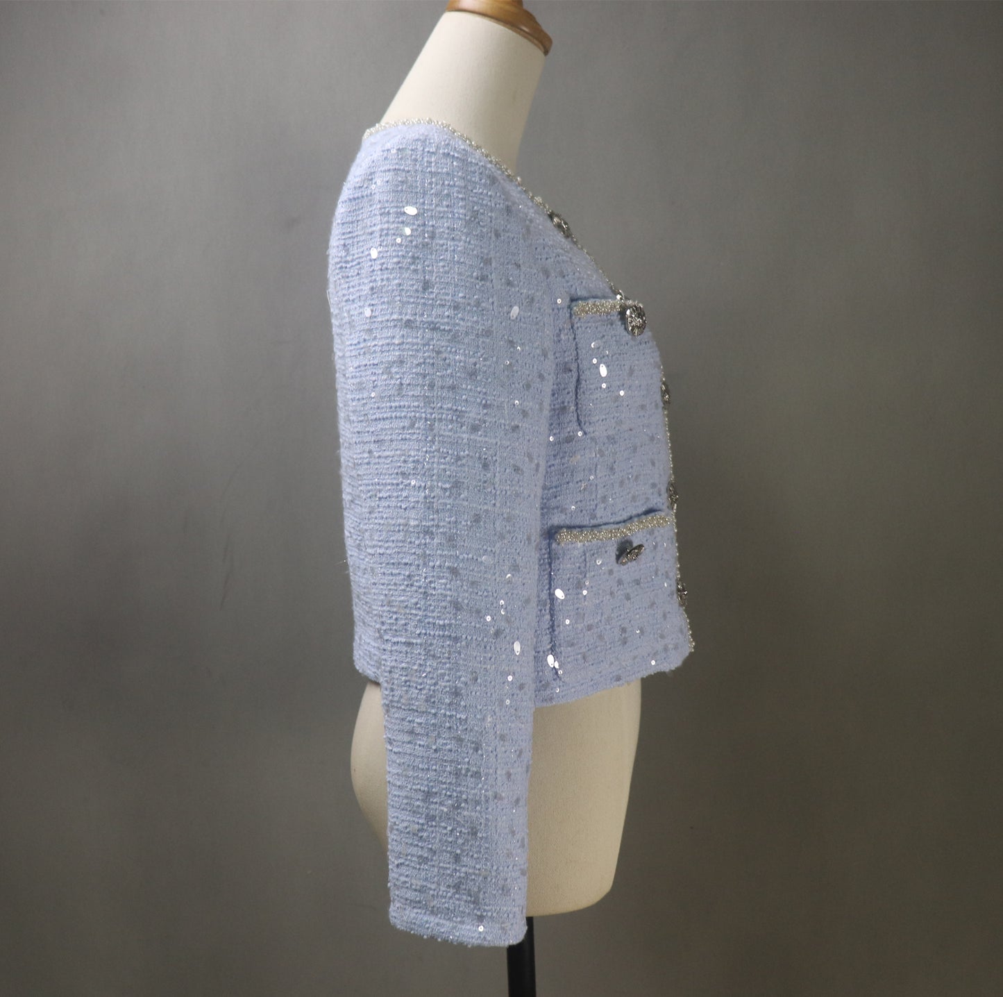 Bespoke Blue Tweed Skirt Suit with Big Sequins