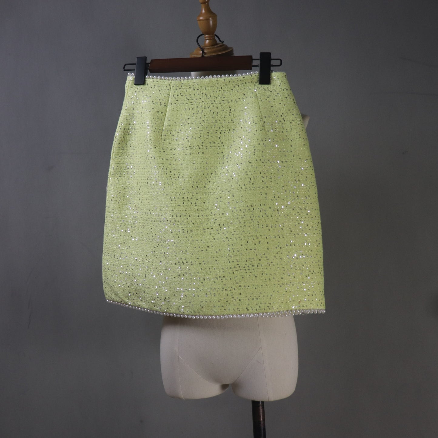 Custom Yellow Tweed Suit Set, Pearl Trim Sequin Jacket Skirt - Fashion Pioneer 