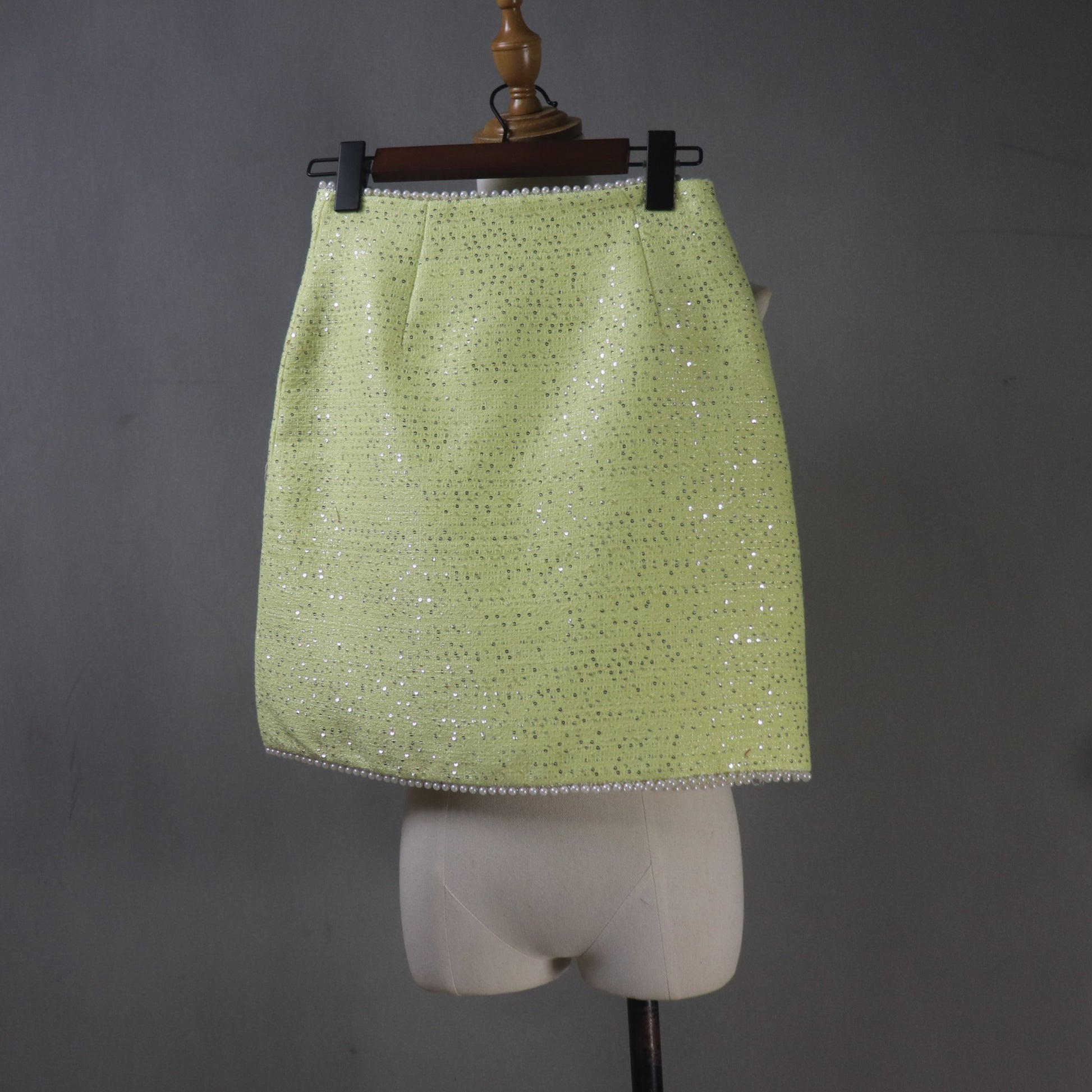 Custom Yellow Tweed Suit Set, Pearl Trim Sequin Jacket Skirt - Fashion Pioneer 