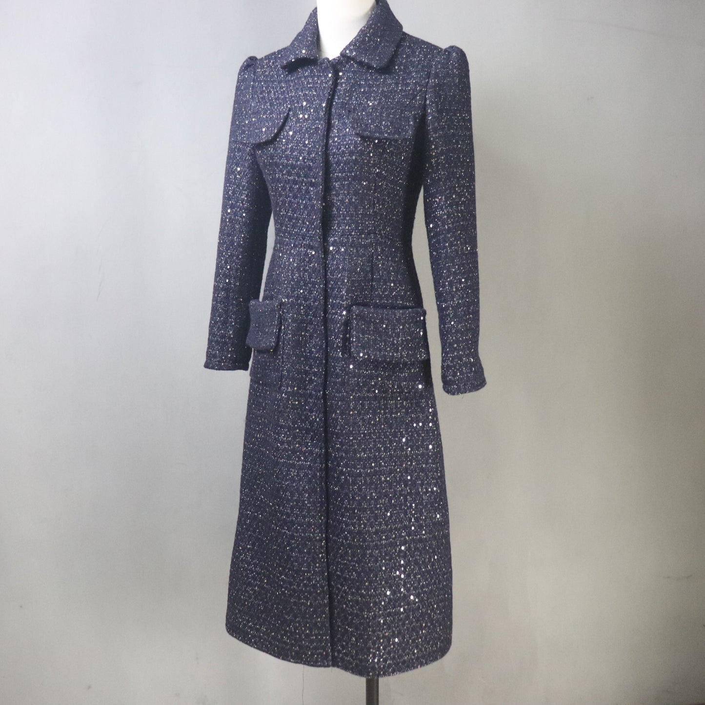 Navy Sequinned Tweed Dress and Long Coat Set, Made-to-Measure, Any length