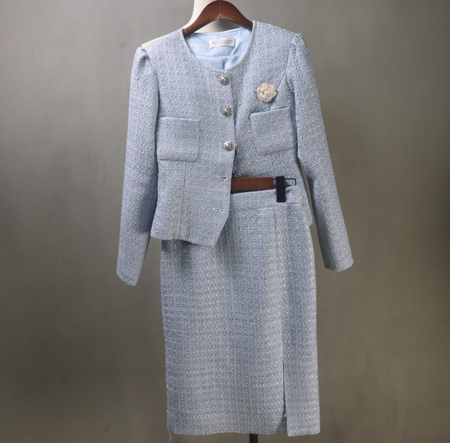 Blue Tweed Long Skirt Suit with a Flower Belt