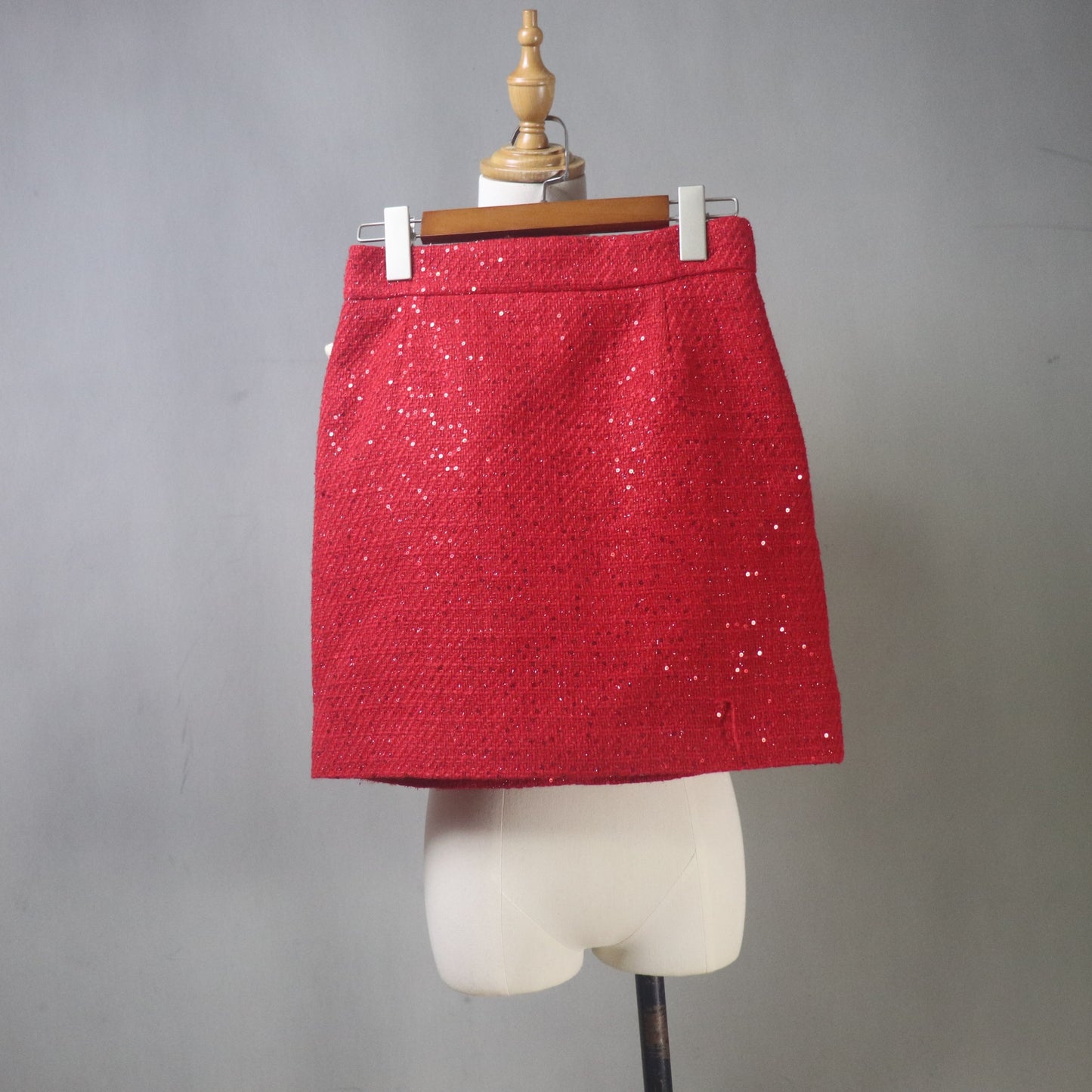 Red Sequin Tweed Skirt Suit with Feather Cuffs – Custom Handmade Women’s Two-Piece Outfit