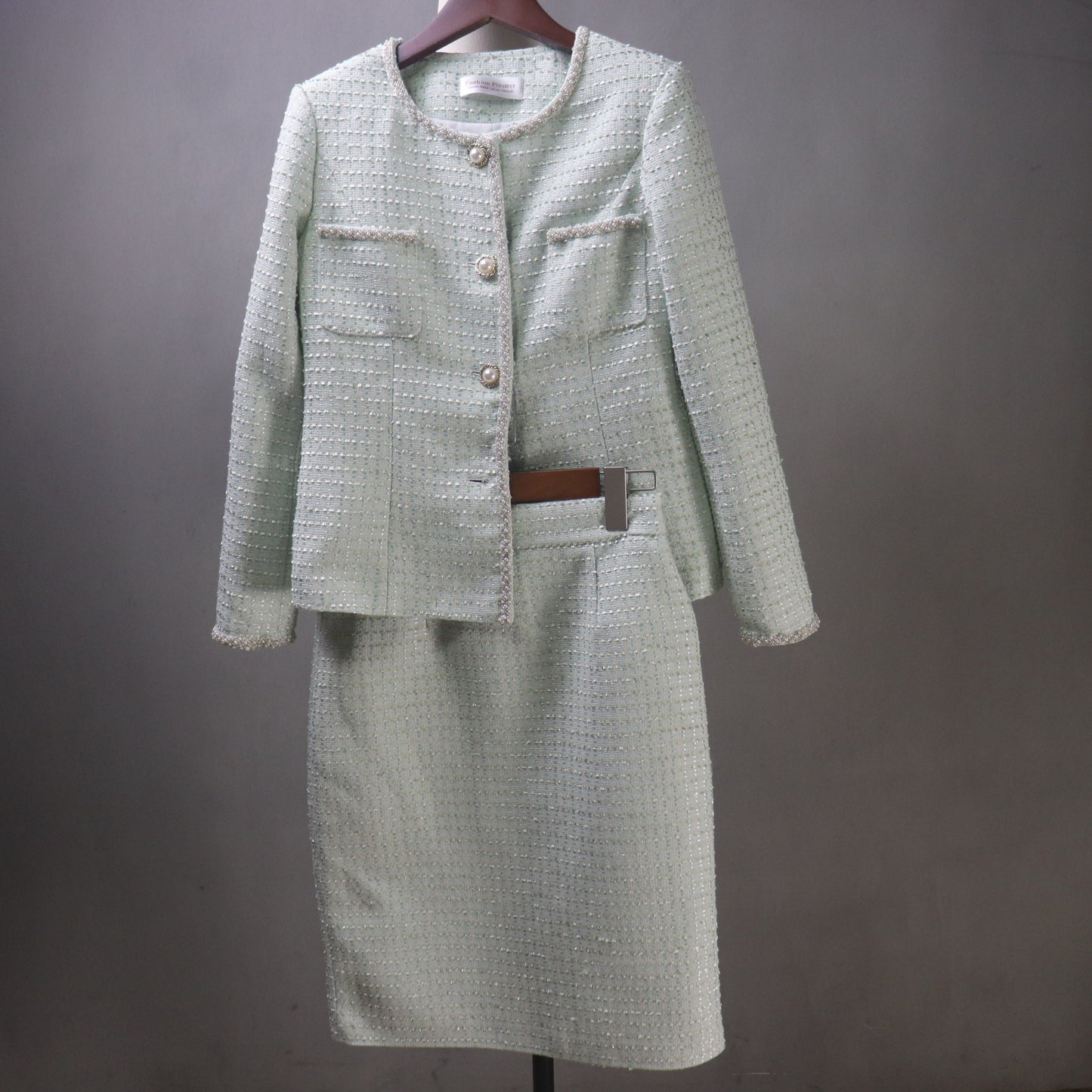 Custom Light Green Tweed Blazer and Skirt Set with Pearl Trim