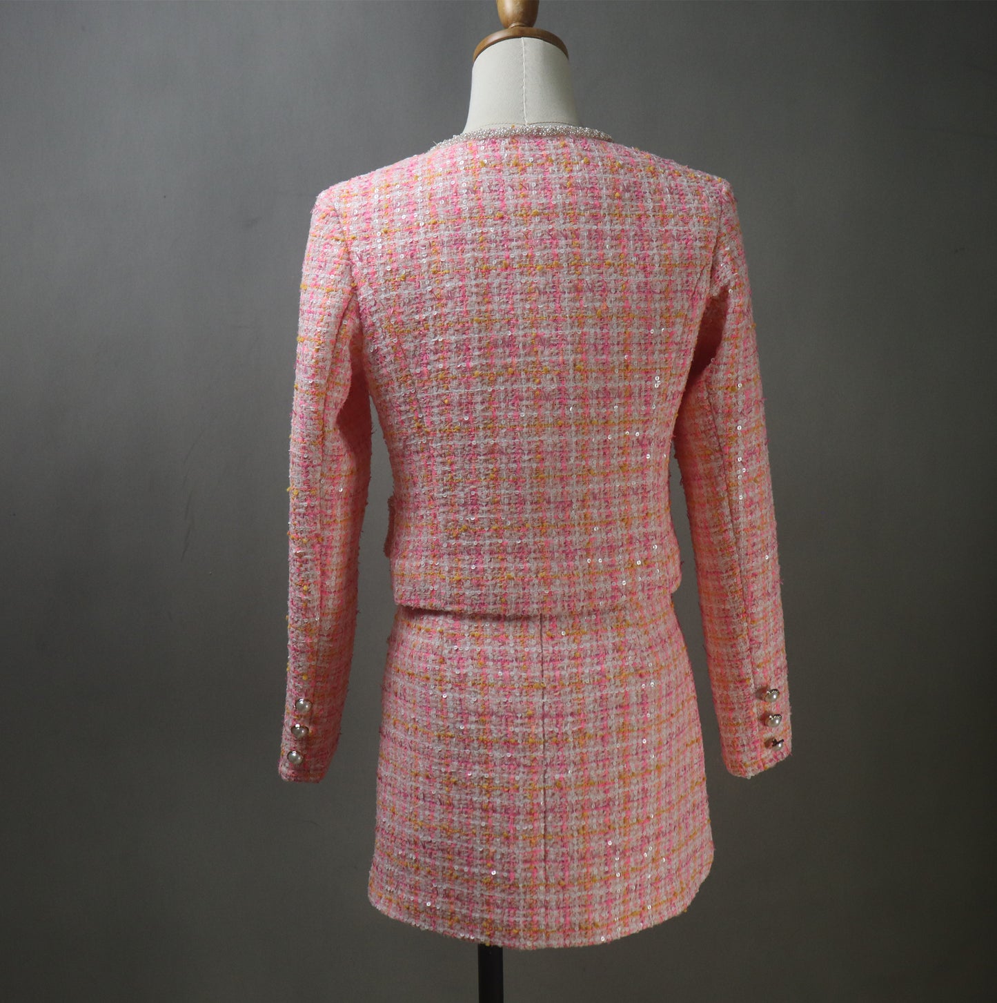 Pink Tweed Suit with Checked Pattern and Sequins