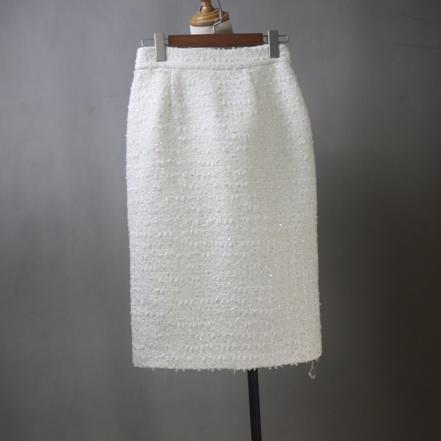 White Tweed Skirt Suit: Feather Cuffs, Sequin Jacket, Custom Fit
