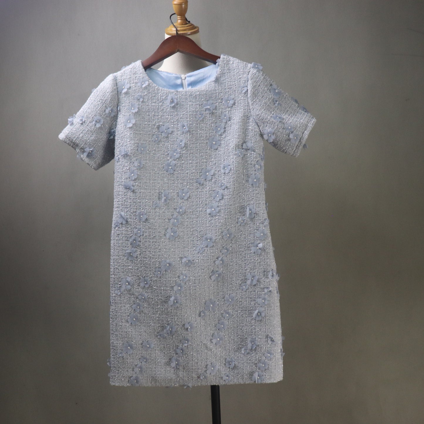 Light Blue and Pink Tweed Dress with 3D Flower Embellishments – Custom Made Mini to Midi Dress, long sleeves, Plus Sizes