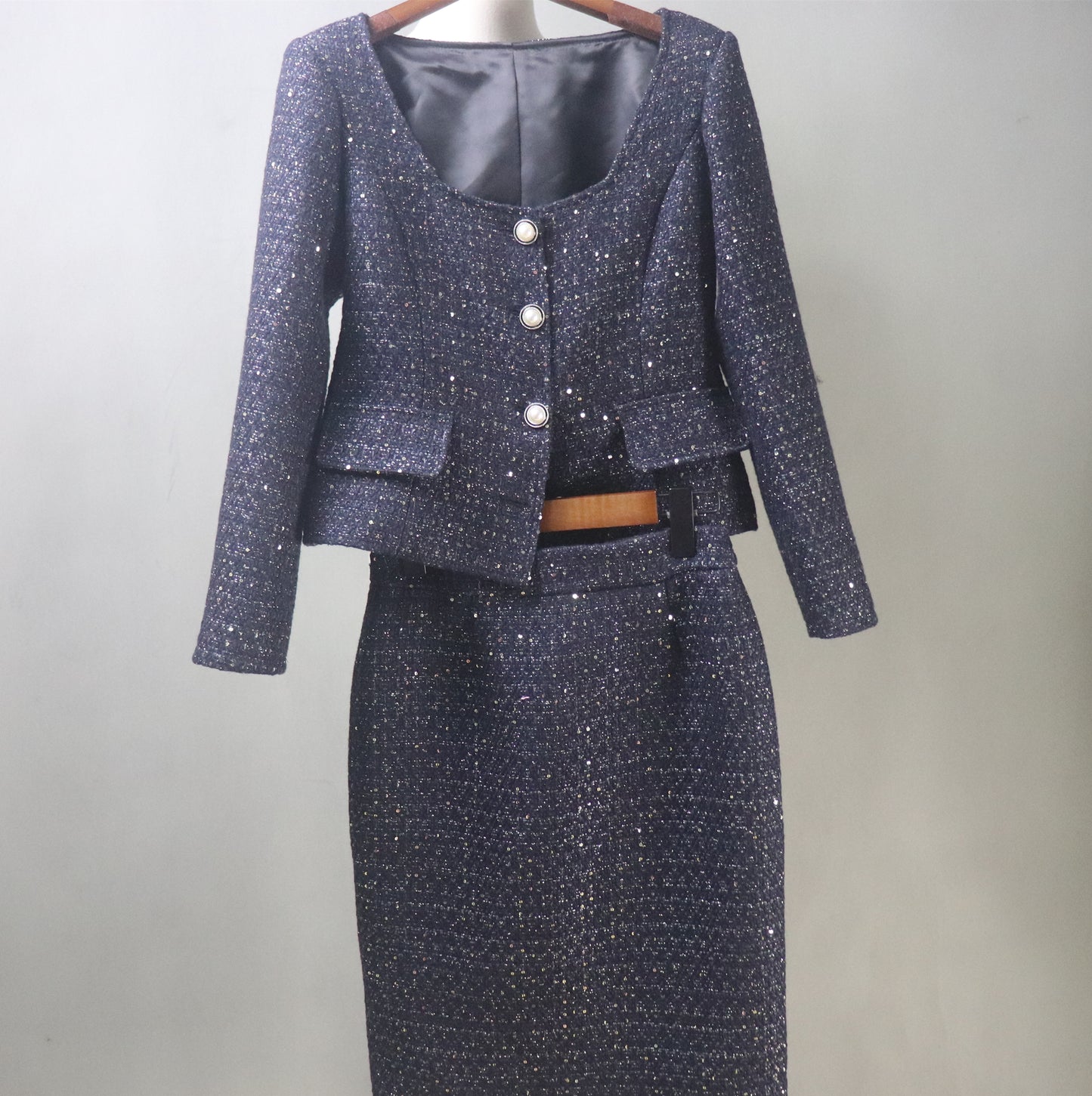 Sparkling Navy Tweed Skirt Suit with Sequins