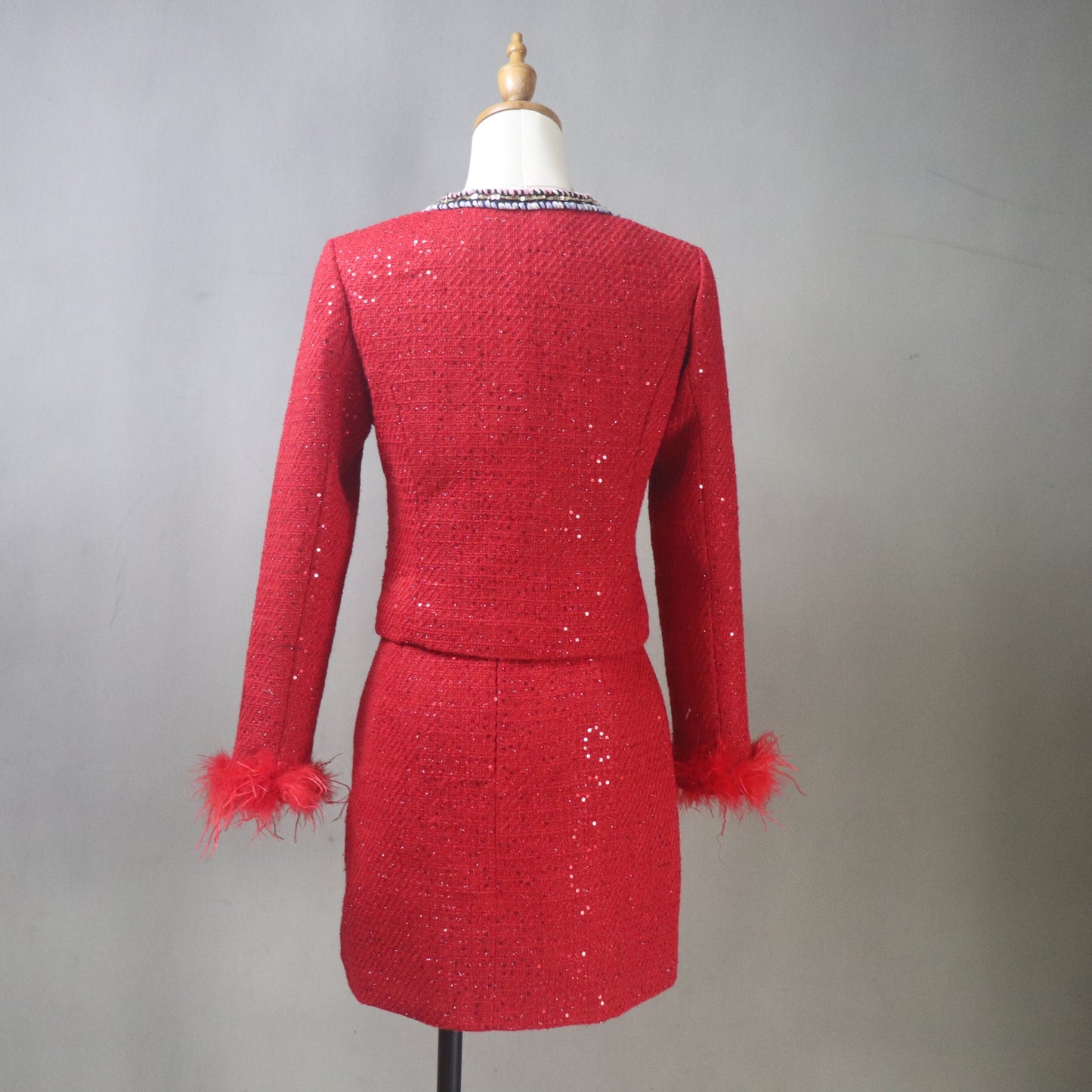 Red Sequin Tweed Skirt Suit with Feather Cuffs – Custom Handmade Women’s Two-Piece Outfit