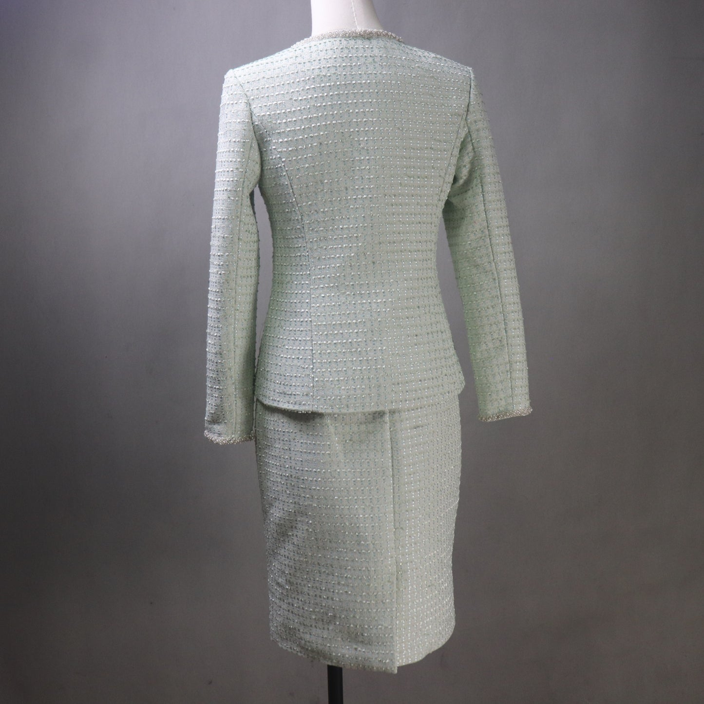 Custom Light Green Tweed Blazer and Skirt Set with Pearl Trim