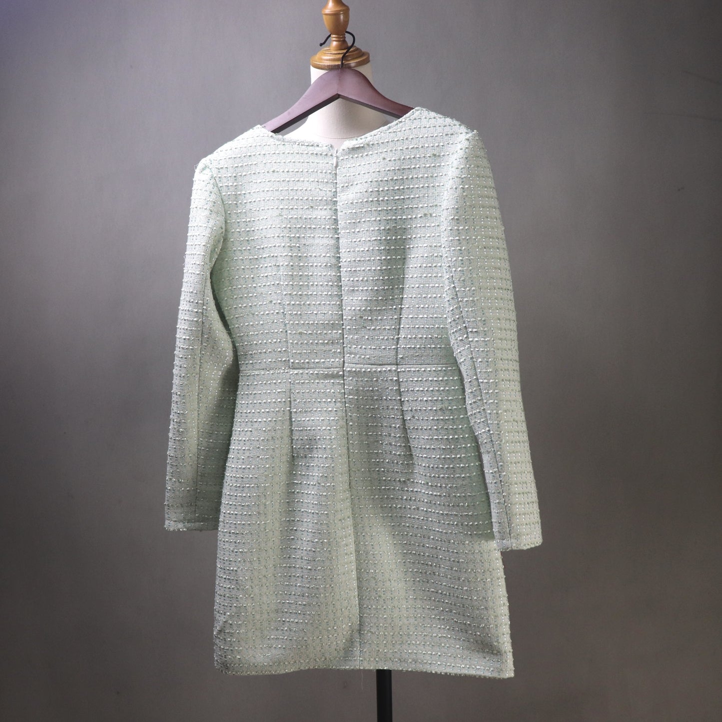 Custom Pink Tweed Dress – Made to Order Square Neck Shift with Crystal Buttons & Sequins