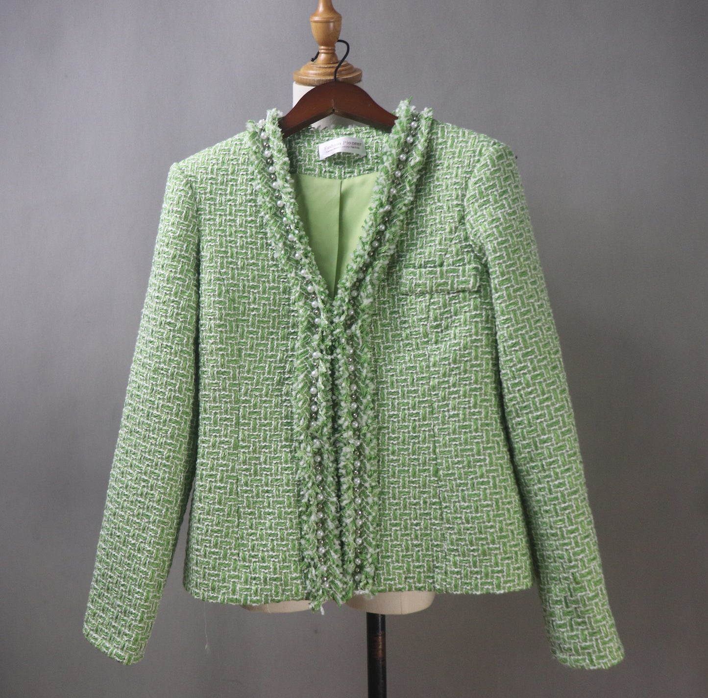 Lime Cream Tweed Fishtail Skirt Suit with Tassel Fringe & Pearls