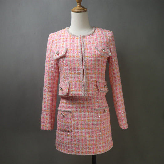 Pink Tweed Suit with Checked Pattern and Sequins