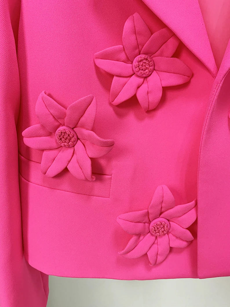 If you desire a truly unique and personalized outfit, you might consider reaching out to custom designers or tailors. They can create a suit tailored to your specific measurements and preferences, incorporating the 3D flowers decoration and hot pink color you desire. Custom-designed outfits are often more expensive, but they offer exclusivity and exceptional craftsmanship.