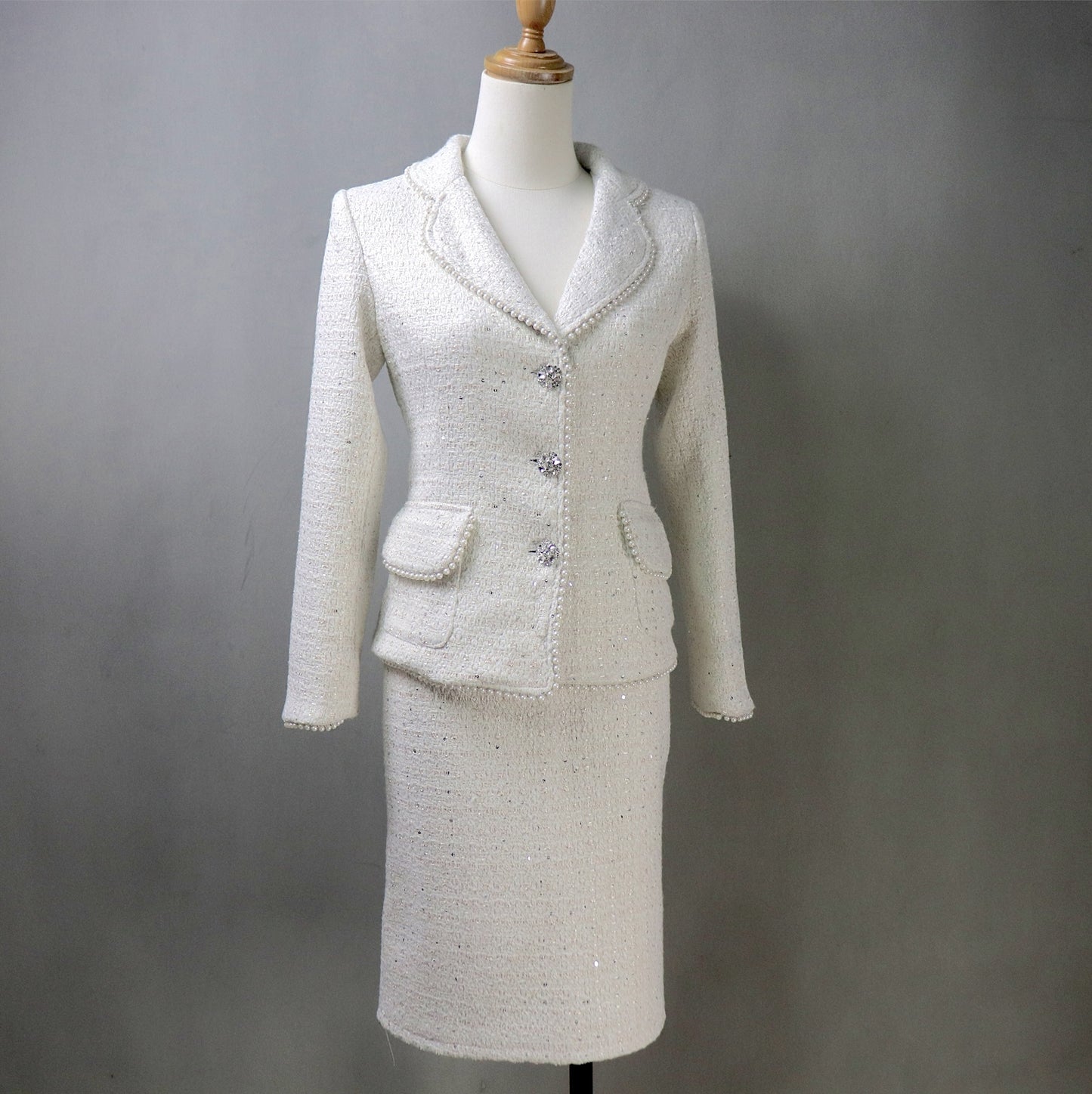 Tweed Cream White Suit With Sequins & Pearls Trim