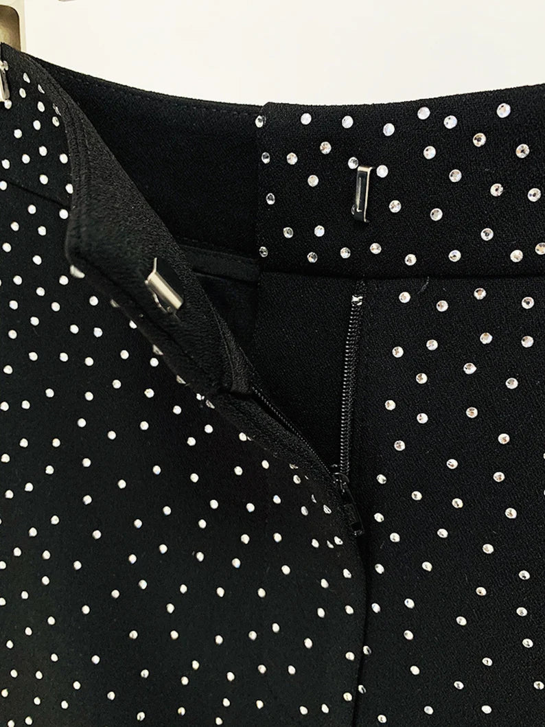 White Bling Bling Hot Drill Studs Fitted Blazer + Mini Skirt Suit Black For Women