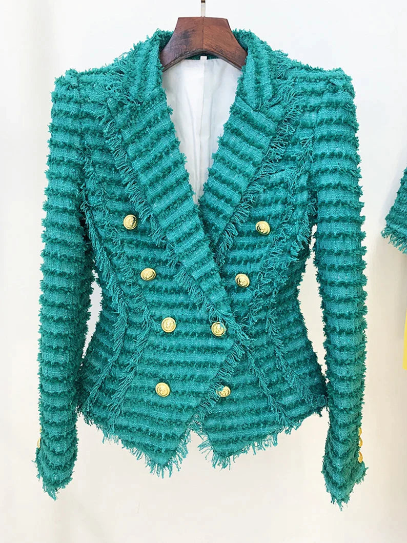 The blazer is the centerpiece of this ensemble, exuding luxury and style. It's meticulously In the "Women Green Tweed Golden Buttons Fitted Blazer + Mid-Waist Shorts Suit," you epitomize elegance and versatility. This sophisticated ensemble, with its green tweed fabric and golden buttons, effortlessly transitions from a chic wedding suit to a stylish birthday party outfit. 