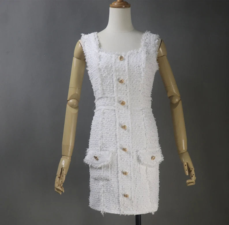 Specially made White Tweed Mini/ Midi/ Long Dress, Speech Day, Graduation Ceremony, Wedding, bridesmaid dress, Afternoon Tea Specially made White Tweed Mini/ Midi/ Long Dress, Speech Day, Graduation Ceremony, Wedding, bridesmaid dress, Afternoon Tea