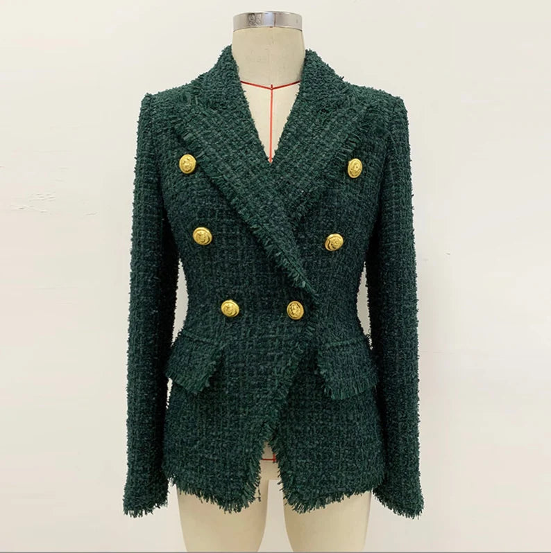 The Women's Dark Green Tassel Trim Golden Buttons Fitted Blazer Jacket is a must-have addition to your wardrobe. Its dark green hue lends an air of sophistication, making it a versatile choice for both office wear and formal events. The golden buttons and tassel trim add a touch of opulence and unique flair to this classic blazer. 