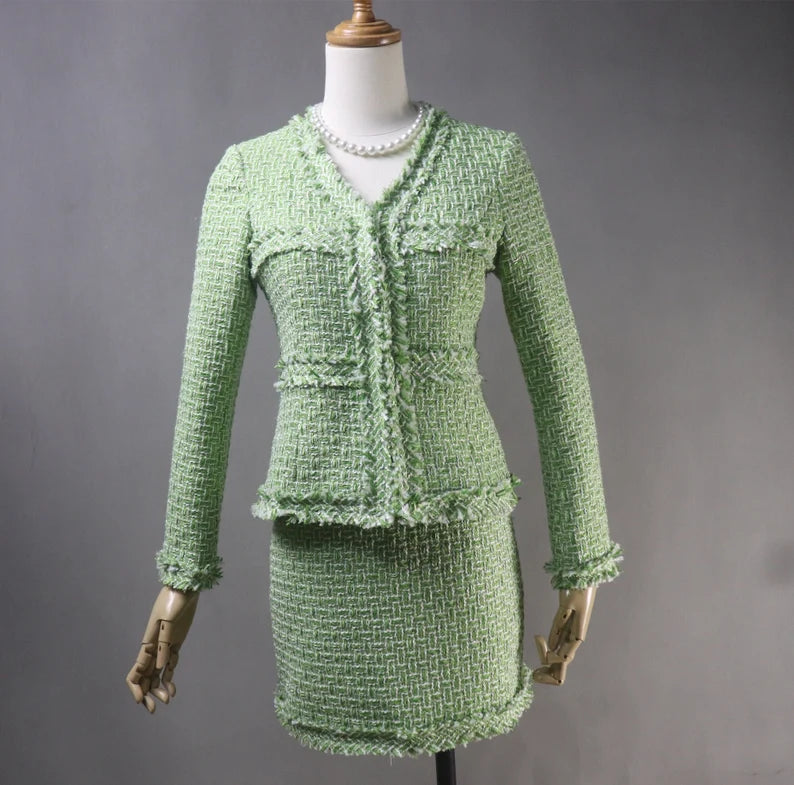 A custom-made light green tweed suit for women is the epitome of personalized style and elegance. Tweed, known for its durability and classic appeal, gets a fresh and feminine update in a light green hue, perfect for adding a touch of sophistication to any wardrobe. 