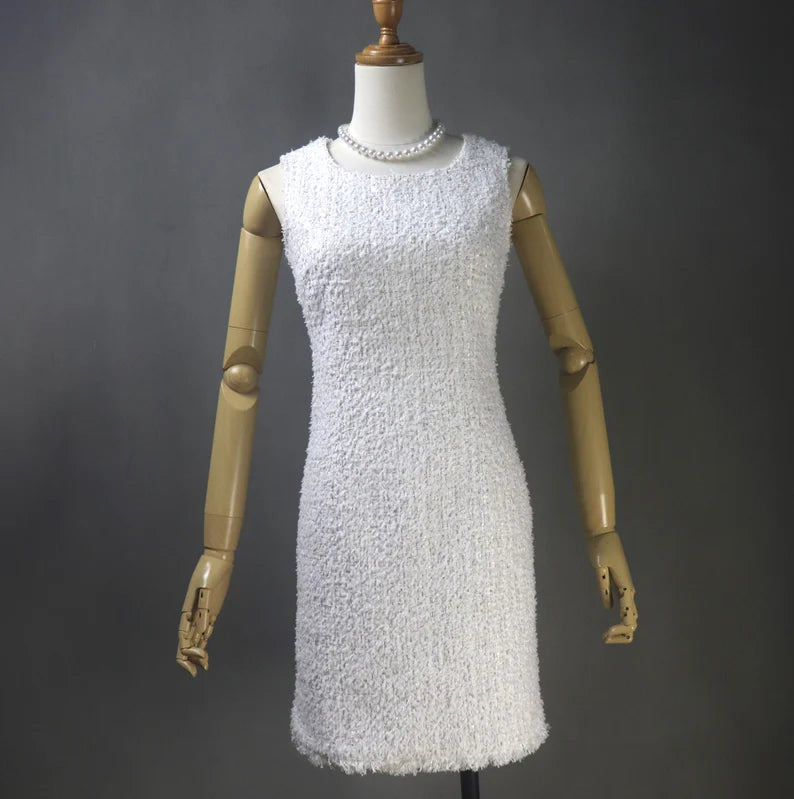 Specially crafted Tweed Long / Short Sheath Dress + Long / Short Coat White White tweed sheath dress Summer Wedding Dress