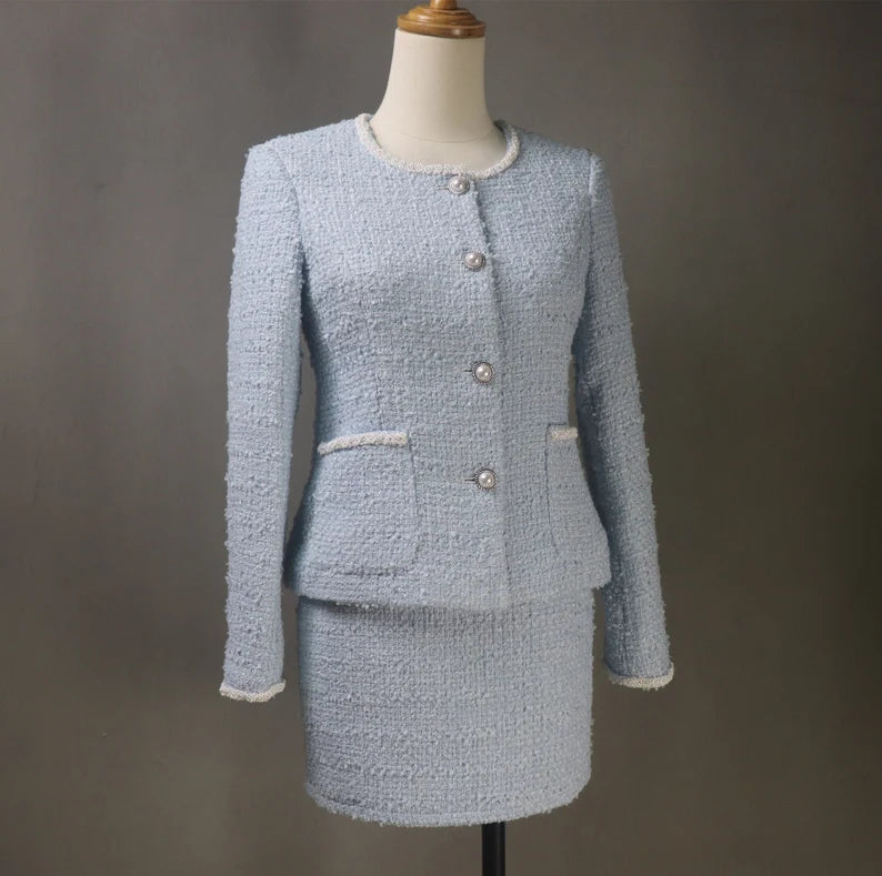 Tailor Made Bespoke Light Blue Suit Tweed  Blazer + Skirt for Women