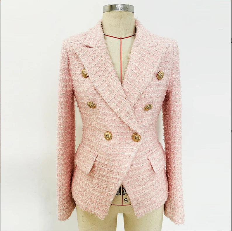 A "Tweed Jacket" typically refers to a stylish and formal jacket made from tweed fabric in a pink color. Tweed is a textured woolen fabric known for its durability and classic look. A pink tweed jacket can add a touch of sophistication and femininity to a wardrobe. It's often worn for semi-formal or business-casual occasions.  This Women's Tweed Coat is crafted from soft and fluffy tweed fabric in a charming pink color, offering both warmth and fashion-forward appeal. 