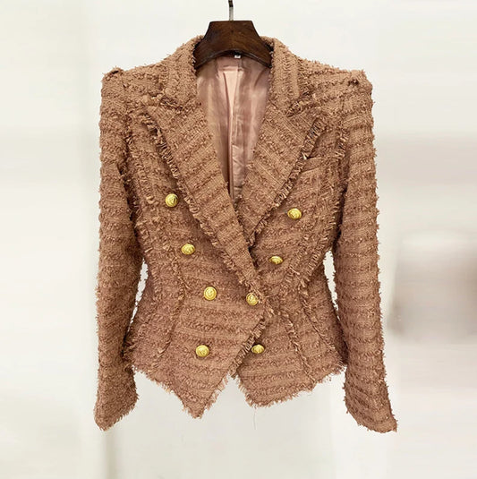 Women Camel Tweed Golden Buttons Fitted Blazer + Mid- Waist Shorts Suit / Wedding Suit, Birthday Party, Matching Set, Smart Casual Office