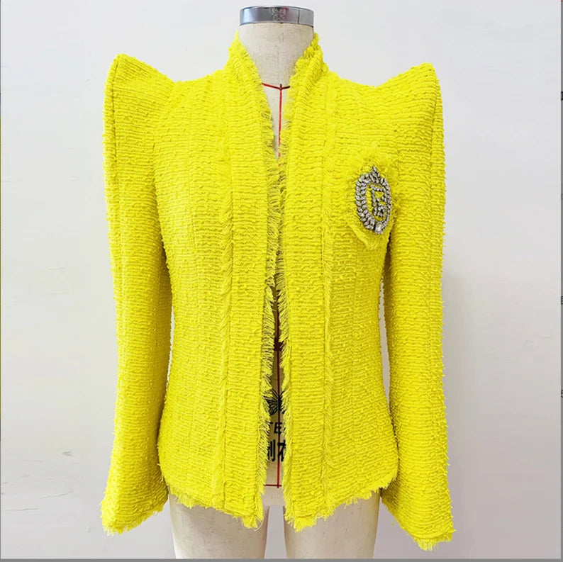 This gorgeous Women's Luxury Pointed High Shoulder Tassel Trim Yellow/Black Tweed Blazer Jacket will elevate your look. This stunning work of art is the ideal choice for weddings, birthday parties, and classy evening dinners since it skillfully blends refinement with a hint of humour.