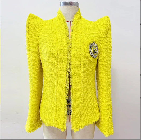 This gorgeous Women's Luxury Pointed High Shoulder Tassel Trim Yellow/Black Tweed Blazer Jacket will elevate your look. This stunning work of art is the ideal choice for weddings, birthday parties, and classy evening dinners since it skillfully blends refinement with a hint of humour.