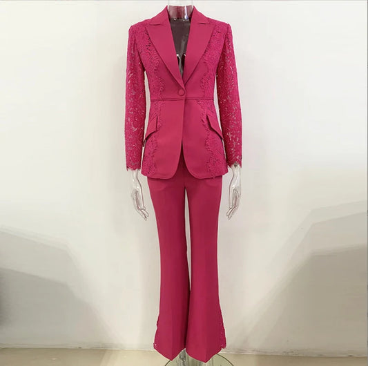 The versatility of this matching set is unparalleled. For a stunning and coordinated look, pair the elegant blazer with the flattering flare trousers. But don't stop there—explore the boundless outfit possibilities by mixing and matching these pieces with other wardrobe favorites, allowing your creativity to shine through.  This suit also makes for a thoughtful and unforgettable gift idea. 