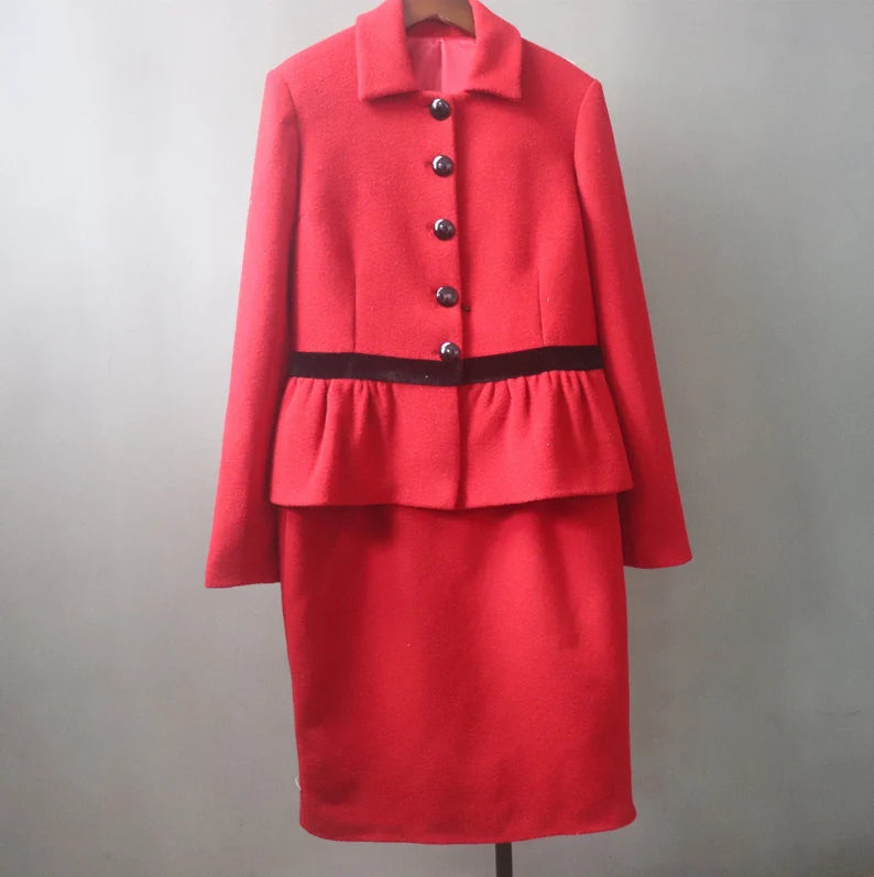 Women Custom Made Red Flare Tweed Jacket + Skirt / Trousers Pants, Shorts Suit/ Wedding Suit/ Graduation Ceremony / Speech Day, Formal Event
