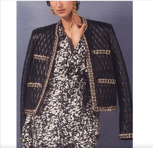 Quilted Faux Leather Jacket and Mini Skirt Suit with Chain Trims