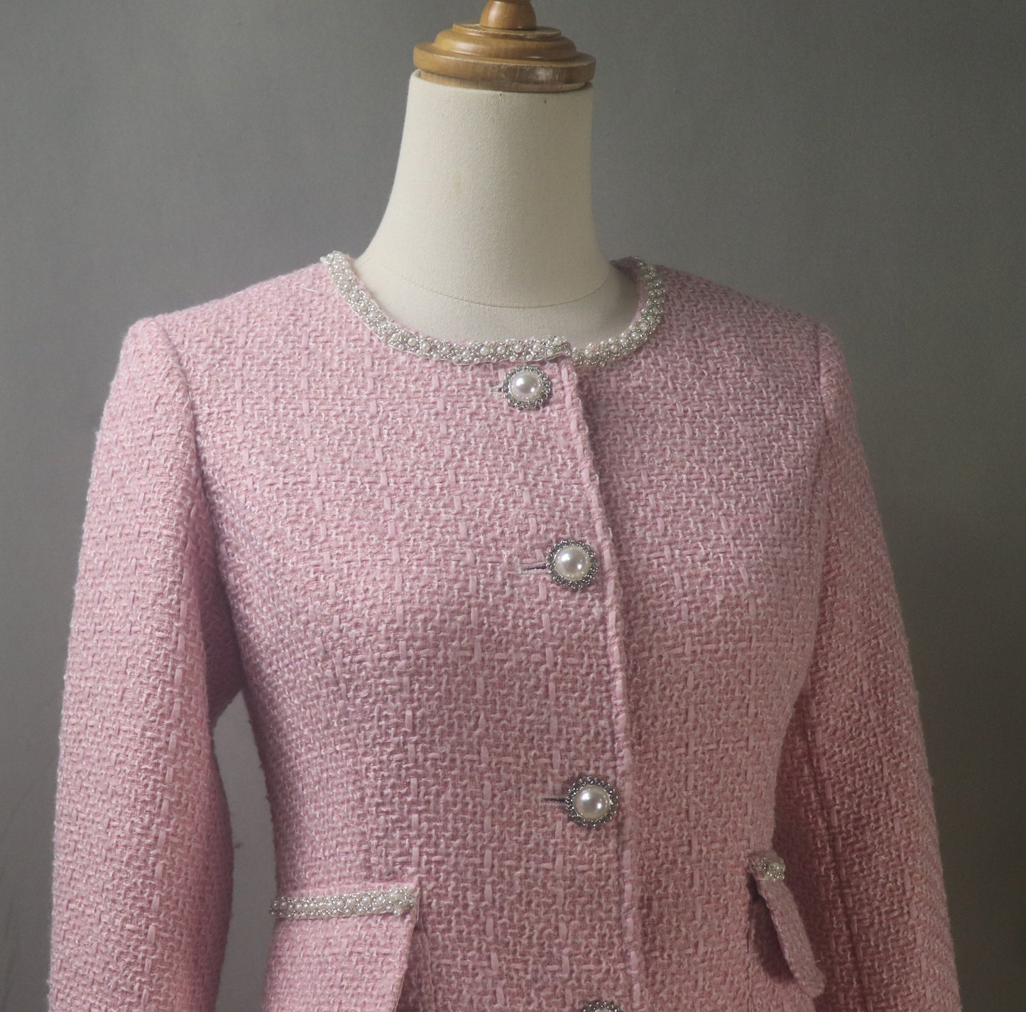 Pink Tweed Long Skirt Suit with Pearl Trim & Buttons